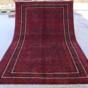5x8 ft Red Vintage Rug, Yaqoob Khani Baluchi Rug, Afghan Handmade Soft Pile Wool Rug, Oriental Area Rug, Turkmen Tribal Rug, Living Room Rug