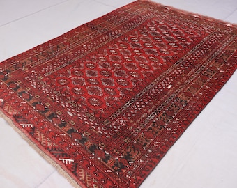 4x6 Antique Turkmen Mowri Bukhara Rug, Afghan Handmade Wool Area Rug, Distressed Faded Vintage rug Low Pile in Good Condition Bedroom Rug