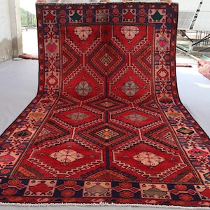 5&#39;6x10 ft Red Antique Rug, Geometric Caucasian Rug, Handmade Wool Rug, Collectors piece Afghan Tribal Rug, Oriental Vintage Rug, Bedroom Rug