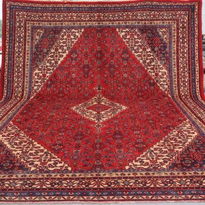 Geometric Heriz Rug 9x12 ft Turkish design Afghan handmade Wool Area rug, Vintage Red Oriental Turkmen Large Rug Bedroom Rug Living room Rug