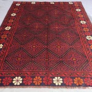 Floral Geometric Rug 5x7 Red Afghan Vintage Rug, Handmade Wool Rug, Antique Tribal Rug, Traditional Baluchi Rug, Oriental Rug, Bedroom Rug