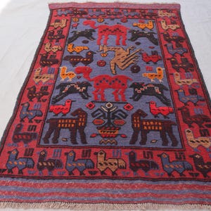 Pictorial Vintage Rug 3x5 Nomadic Rug Afghan Handmade Wool Rug, Hunting Animal Pictorial Rug, Oriental Tribal Rug, Wall decor, Kids Room Rug