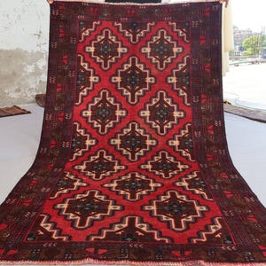 Red 3&#39;8x6&#39;7 ft Geometric Rug, Afghan Handmade Wool Area Rug, Turkmen tribal Rug, Caucasian design Oriental Baluchi Rug, Bedroom, Office Rug