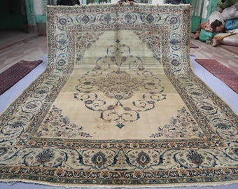 10x14 ft Antique 1940s Rug, Large Area Rug, Afghan Caucasian Heriz Rug, Distressed Low Pile Rug, Handmade Wool Rug, Turkmen Tribal Area Rug