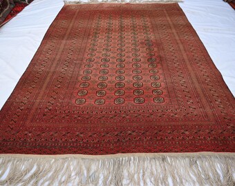 Alfombra vintage de terracota de 2,00 m x 2,93 m, años 40, afgana, mowri, de lana, hecha a mano, de pelo corto y descolorida, oriental, tribal turcomana para sala de estar.