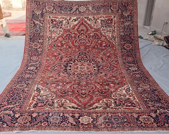8x11 ft Antique Heriz Fine Rug, Red Caucasian Area Rug, Hand Knotted Wool Medallion Rug, Tribal Afghan Rug, Bedroom Carpet, Living Room Rug