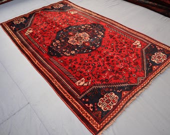 5x8 Red Area Rug 1950s Antique Rug, Afghan Medallion Heriz Rug, Handmade Wool Tribal Caucasian Rug, Low Pile Distress Faded Rug, Bedroom Rug