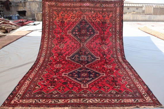 6x9 Red Tribal Caucasian Rug, Hand Knotted Wool Rug, Afghan Geometric Area Rug, Oriental Antique Rug, Old Turkmen Pictorial Rug, Bedroom Rug