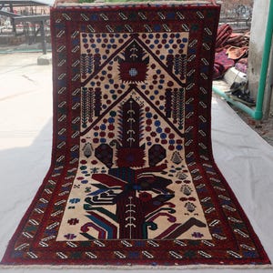 4x7 ft Vintage Baluchi Rug, Beige Soft Pile Rug, Afghan Handmade Wool Area Rug, Geometric Area Rug, Turkmen Oriental Rug, Bedroom Carpet