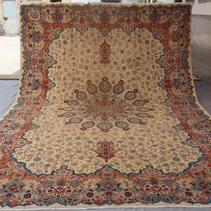 10x14 Large Antique Beige Rug Afghan Handmade Wool Low Pile Rug, Turkish Heriz Rug, Oriental Area Rug, Floral Medallion Rug, Living Room Rug
