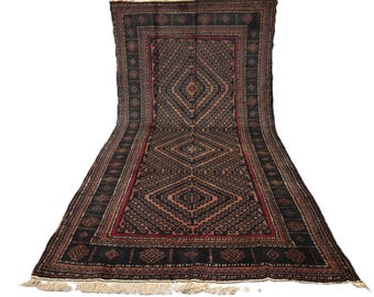 5 x 10 ft dunkler antiker afghanischer Teppich, geometrischer Belutschi-Teppich, turkmenischer handgefertigter Wollteppich, orientalischer Teppich, Schlafzimmerteppich, Büroteppich, Stammesteppich