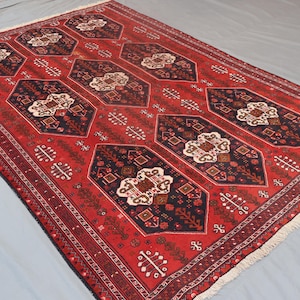 6&#39;6x9&#39;4&quot; Geometric Vintage Rug, Afghan Caucaian Design Rug, Oriental Handmade Wool Rug, Turkmen Tribal Antique rug Bedroom Rug, Living Room