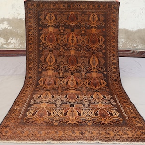 Terracotta 3&#39;7x6&#39;5 Rug, 1940s Afghan Baluchi Rug Handmade Wool Rug, Low Pile Faded Rug Oriental Tribal Geometric Rug Bedroom Rug, Office Rug