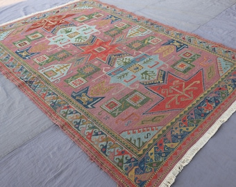 1960s Antique Rug 5x7'4" Handwoven Turkmen Wool Rug Distressed Area rug Flatweave Pink Malaki Kilim Rug Tribal One of a kind  Bedroom Rug