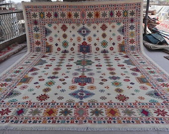 10x14 Beige Bidjar Rug, Afghan Geometric Carpet, Hand-Knotted Wool Contemporary Rug, Natural Veg dyes Rug for Living Room, Large Bedroom Rug
