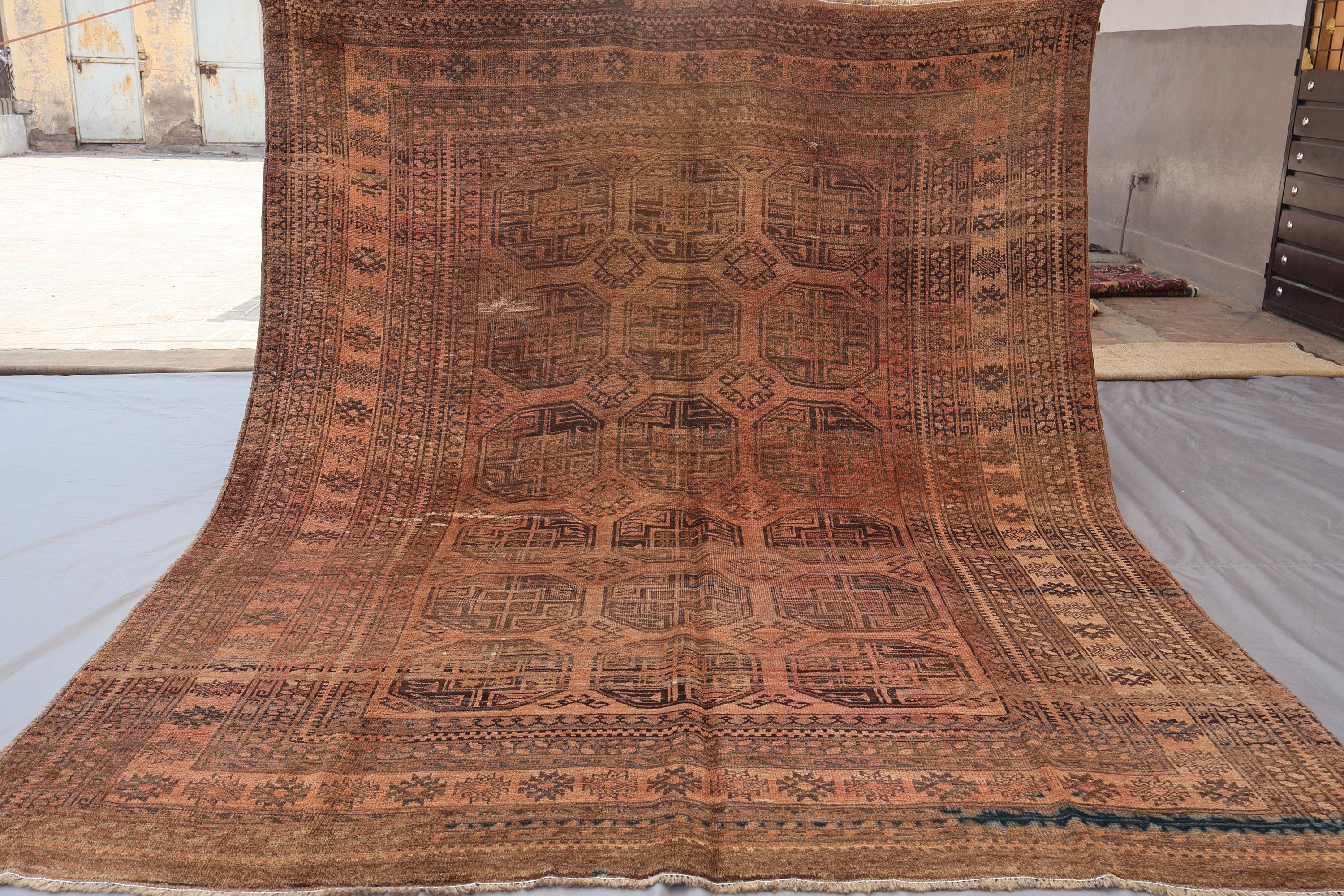 7'8x10'4 ft Large Terracotta Antique Rug, Afghan Handmade Wool rug, Turkmen Tribal Ersari Rug, Low Pile faded Rug, Oriental Rug, Bedroom Rug