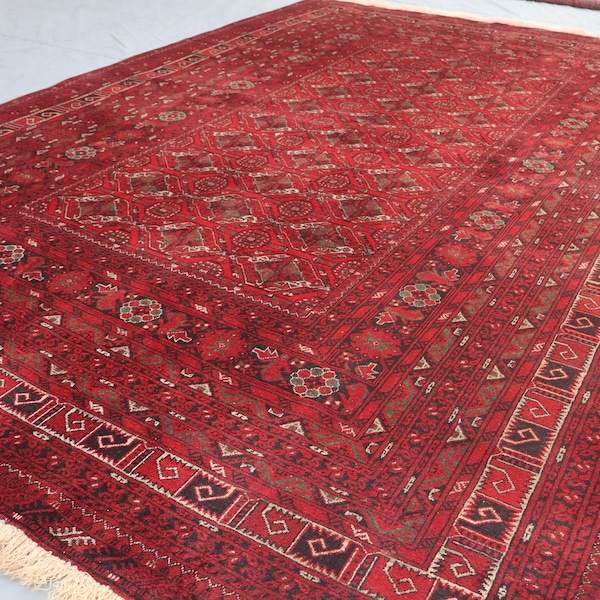 7x10 ft Vintage Turkmen Geometric Bukhara Rug, Afghan Handmade Wool rug, Oriental Red Rug, Rug for Bedroom, Office, Living Room 200x300 cm