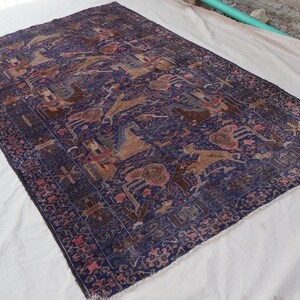 Navy Blue 4x7 Animal Hunting Pictorial Rug, Afghan Handmade Wool Rug, Tribal Nomadic Vintage Art Rug, Kids Room Rug, Wall Hanging Decor Rug
