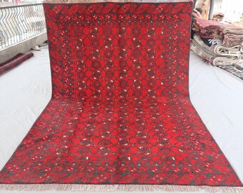 Red 6x9 Vintage Afghan Rug Turkmen Tribal Hand Knotted Wool Oriental Rug, Oriental Bashiri Design Bukhara Rug, Rugs for Living Room, Bedroom