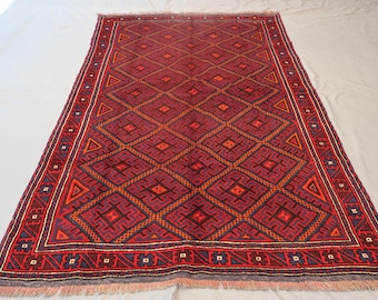 5'3x8'8" Red Afghan Rug, High pile Wool Rug, Baluchi Tribal Handmade Rug, Oriental Area Rug, Vintage Geometric Rug, Bedroom, Living Room Rug
