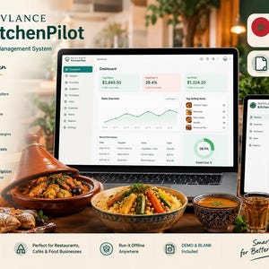 May include: Nuvlance KitchenPilot restaurant and café management system software displayed on a laptop, tablet, and smartphone, featuring a dashboard with sales data, inventory, and recipe costing tools alongside traditional Moroccan dishes.