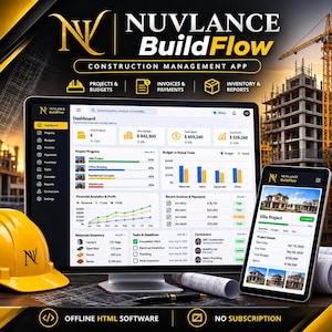 May include: A computer monitor and tablet displaying the Nuvlance BuildFlow construction management app dashboard. The interface shows project progress, financial analytics, and inventory data. A yellow hard hat sits nearby.