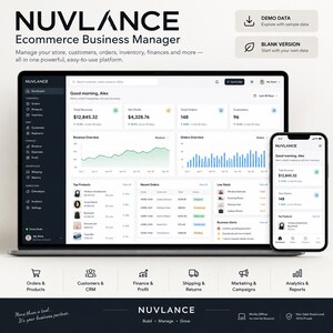 May include: A laptop and smartphone displaying the Nuvlance Ecommerce Business Manager interface. The screens show dashboards with data for total revenue, net profit, total orders, customers, top products, recent orders, and low stock alerts.