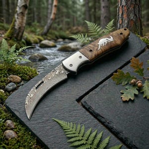 Cuchillo plegable de acero de Damasco para frutas, para exteriores, de alta dureza, tipo cimitarra multifuncional, afilado, ligero y portátil.