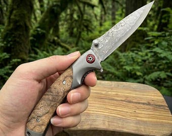 Navaja plegable de acero de Damasco, mango de madera Shadow, navaja de bolsillo con rodamiento de bolas.