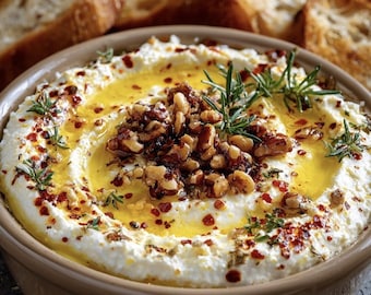 May include: A close-up of a creamy dip in a brown ceramic bowl, topped with a swirl of olive oil, chopped walnuts, and sprigs of rosemary. Slices of toasted bread are in the background, suggesting a snack or appetizer.