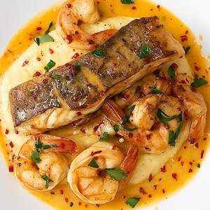 Può includere: Vista dall'alto di un piatto di pesce gourmet. Un grosso pezzo di pesce grigliato è adagiato su polenta cremosa, circondato da diversi gamberi cotti. Il piatto è guarnito con prezzemolo fresco e scaglie di peperoncino rosso, e servito in una ciotola bianca.