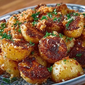 May include: A close-up shot of a plate of roasted potatoes. The potatoes are golden brown with crispy edges, topped with breadcrumbs and fresh parsley. The plate is a light blue with a decorative rim.