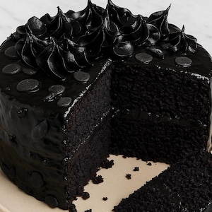 Puede incluir: Un pastel redondo de chocolate negro con glaseado negro y chispas de chocolate. El pastel tiene un glaseado negro brillante y remolinos decorativos en la parte superior. Se ha cortado una rebanada, revelando el interior oscuro.