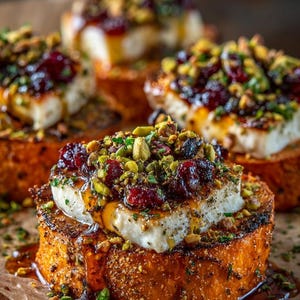 Könnte beinhalten: Nahaufnahme von Gourmet-Vorspeisen auf geröstetem Brot. Jede Scheibe ist mit cremigem weißem Käse, roten Cranberries und grünen Pistazien belegt, beträufelt mit einer goldenen Sauce. Das Brot hat eine goldbraune Kruste.