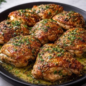 以下が含まれることがあります： 黒いお皿に盛られた、調理済みの鶏もも肉のクローズアップ。鶏肉は黄金色でカリカリとした皮で、緑色のハーブで飾られています。鶏肉は風味豊かなソースに浸っており、すぐに提供できます。