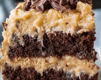 May include: A slice of German chocolate cake with layers of dark chocolate cake, coconut pecan frosting, and chocolate shavings on top. The cake is moist and rich, with a creamy frosting and a delicious chocolate flavor.