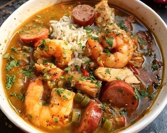 Gumbo de Luisiana con pollo y camarones en olla instantánea, descarga instantánea