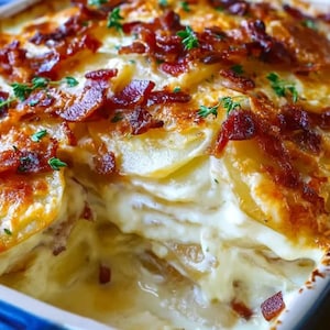 May include: Close-up of a baked potato casserole with layers of sliced potatoes, creamy sauce, and crispy bacon topping. Sprigs of fresh herbs add a touch of green. The dish is in a blue and white baking dish.