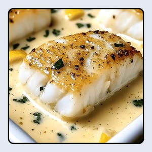 May include: A close-up of a cooked fish fillet with a golden-brown crust, served in a creamy yellow sauce. Garnished with green herbs and small yellow pieces, the dish is presented on a white plate.