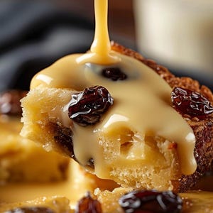 Puede incluir: Primer plano de budín de pan con pasas, bañado en una salsa cremosa y dorada. El postre es de color marrón claro, con pasas de color marrón oscuro. Un chorro de salsa se vierte por encima, creando una imagen deliciosa.