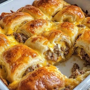 Può includere: Primo piano di una teglia da forno con pasticcini dorati e friabili. I pasticcini sono ripieni di un ripieno di carne saporito e ricoperti di formaggio fuso, creando un pasto delizioso e appetitoso.
