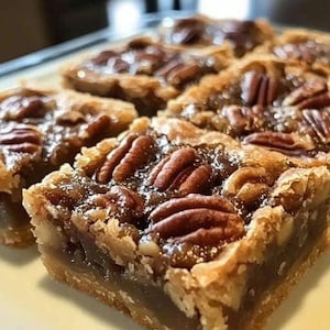 Puede incluir: Primer plano de barras de pastel de nueces pecanas en una bandeja de color claro. Las barras tienen una corteza dorada, un relleno oscuro y pegajoso, y están cubiertas con nueces pecanas enteras. El postre está cortado en porciones cuadradas.