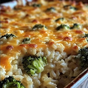 May include: Close-up of a casserole dish filled with a creamy rice and broccoli bake, topped with melted, golden-brown cheese. The dish is baked to perfection, with visible broccoli florets.