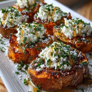 May include: A white rectangular plate holds several roasted sweet potato rounds topped with creamy white cheese, chopped green herbs, and a drizzle of honey. The sweet potatoes have a caramelized appearance, and the dish is garnished with additional herbs.