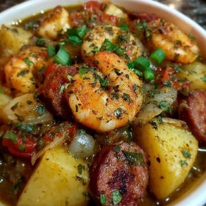 May include: A close-up shot of a hearty seafood stew in a white bowl. The stew features large, seasoned shrimp, chunks of potatoes, sliced sausage, tomatoes, and onions, all in a rich, flavorful broth. Garnished with fresh green herbs.