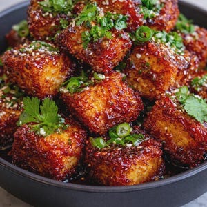 Può includere: Primo piano di una ciotola piena di cubetti di tofu croccanti e dorati. Il tofu è ricoperto da una salsa lucida marrone-rossastra e guarnito con semi di sesamo, cipollotti tritati e coriandolo fresco. Il piatto è presentato in una ciotola scura.