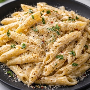 May include: A close-up shot of a plate of penne pasta coated in a creamy sauce, sprinkled with grated cheese, herbs, and red pepper flakes. The pasta is arranged on a black plate, creating a visually appealing and appetizing dish.