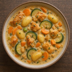 Può includere: Una ciotola di zuppa cremosa con pezzi di pollo, patate, carote, zucchine e piselli.