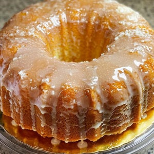 Puede incluir: Un bizcocho bundt dorado con un glaseado blanco brillante. El bizcocho es redondo con un agujero en el centro y se asienta sobre una base de cartón dorada dentro de un recipiente de plástico transparente. El glaseado gotea por los lados.