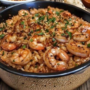 May include: A pan of paella-style dish with grilled prawns and rice. The prawns are a reddish-orange hue, and the rice is light brown. Fresh green herbs are scattered over the top. The dish is served in a black pan.